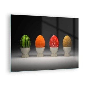Obraz na skle - Vejce ve skořápkách od ovoce na stojanu - 70x50cm - Ovocná snídaně - Moderní nástěnná dekorace do obývacího pokoje a ložnice ARTTOR