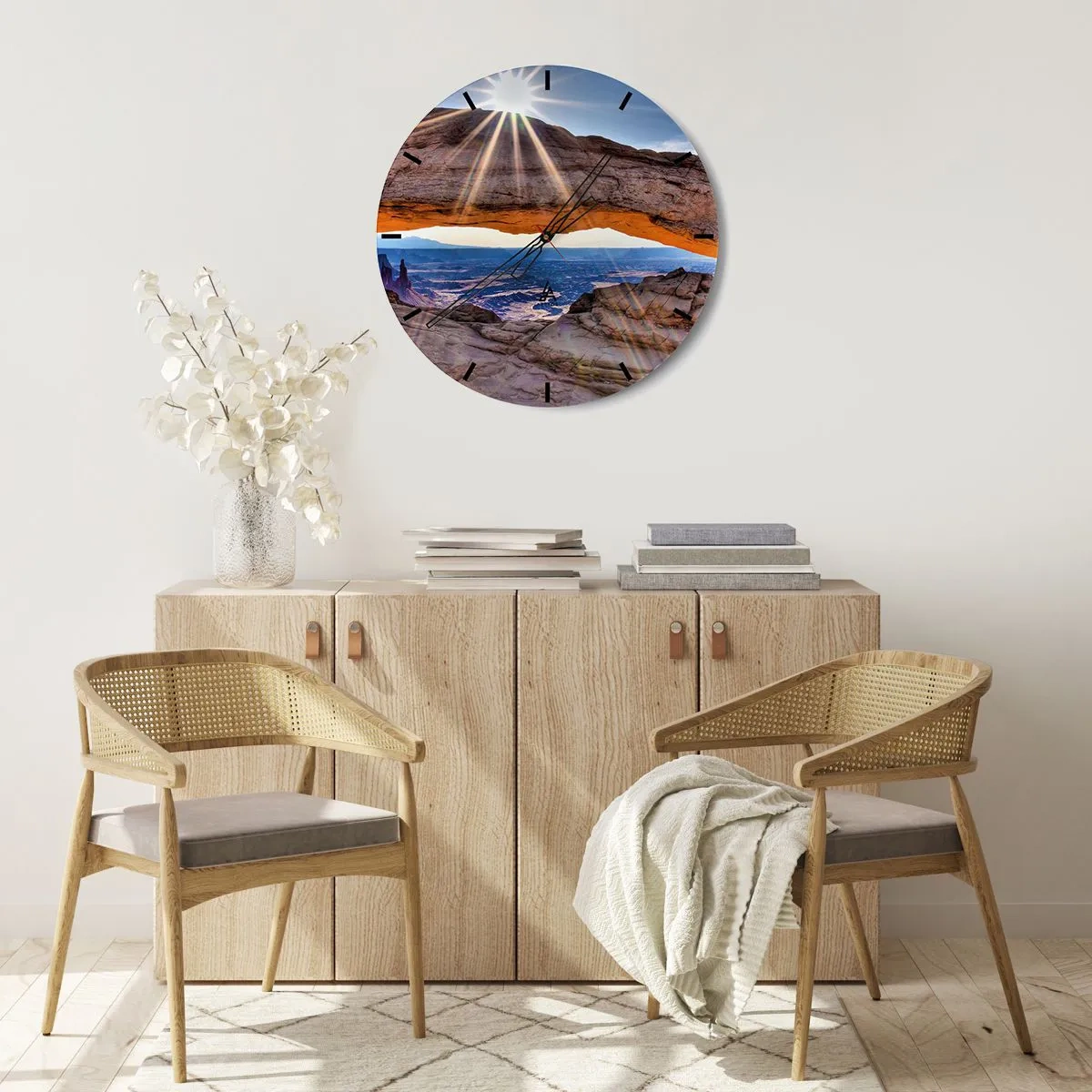 Nástěnné hodiny - Přírodní skalní oblouk osvětlený slunečními paprsky - 30x30cm - Skalní branou - Moderní nástěnná dekorace do obývacího pokoje, kuchyně a ložnice ARTTOR