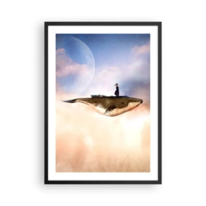 Plakát v černém rámu - Surrealistický obraz ženy jedoucí na velrybě mezi mraky. - 50x70cm - Surrealistická cesta - Moderní nástěnná dekorace do obývacího pokoje a ložnice ARTTOR