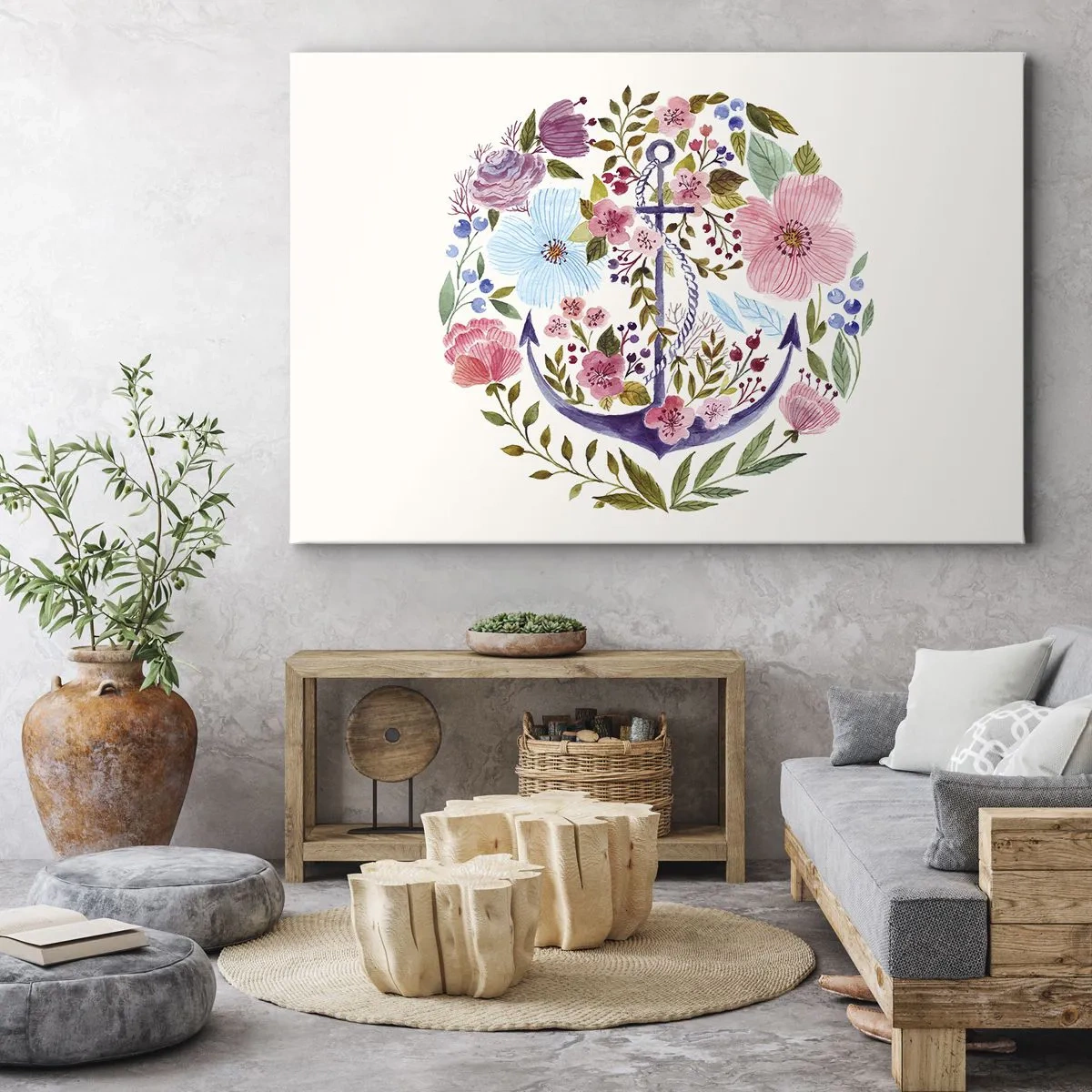 Obraz na plátně - Kotva obklopená akvarelovými květinami na světlém pozadí - 70x50cm - Námořníkův hezký sen - Moderní nástěnná dekorace do obývacího pokoje a ložnice ARTTOR
