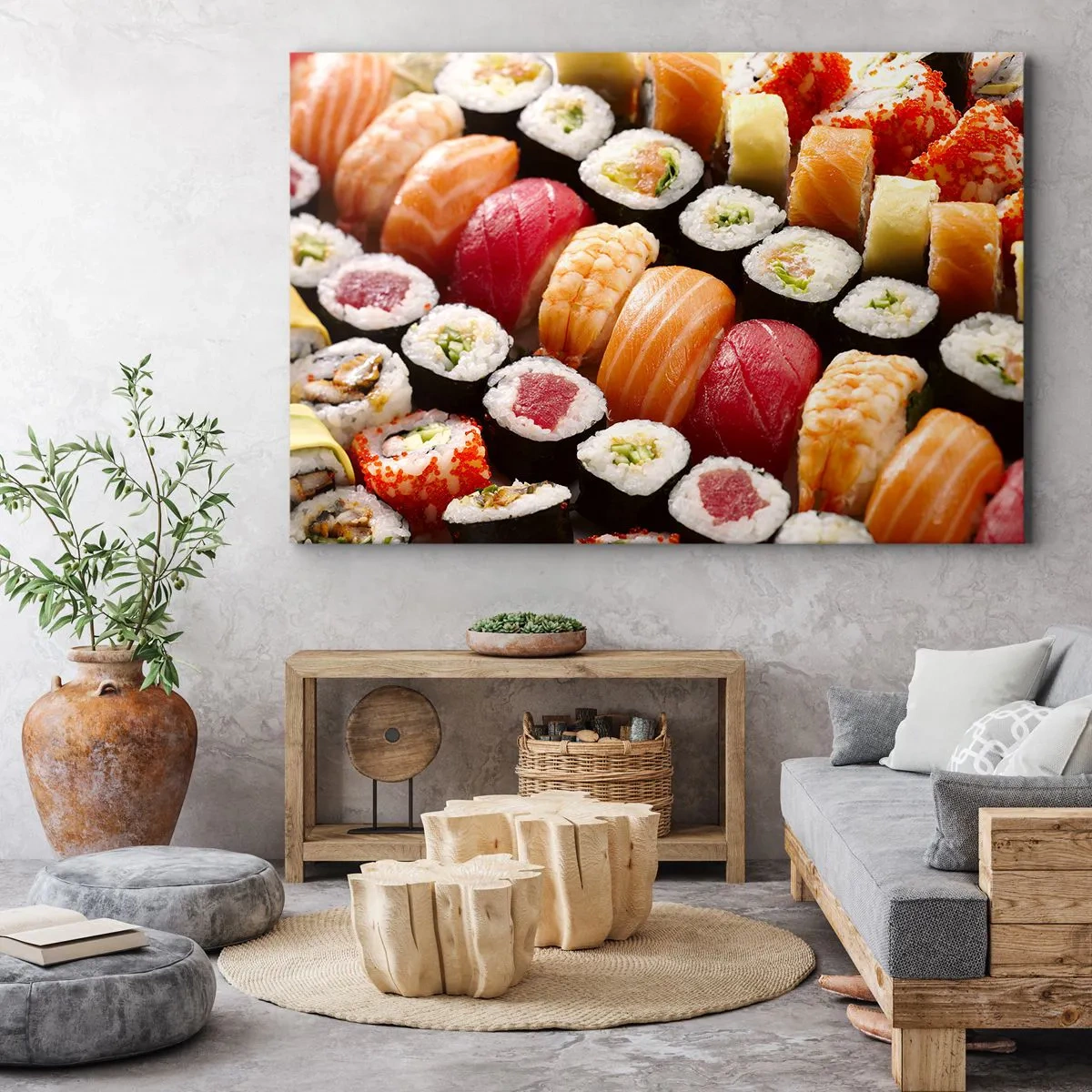 Obraz na plátně - Barevné sushi uspořádané v řadách s různými ingrediencemi - 70x50cm - Barvy a chutě Asie - Moderní nástěnná dekorace do obývacího pokoje a ložnice ARTTOR