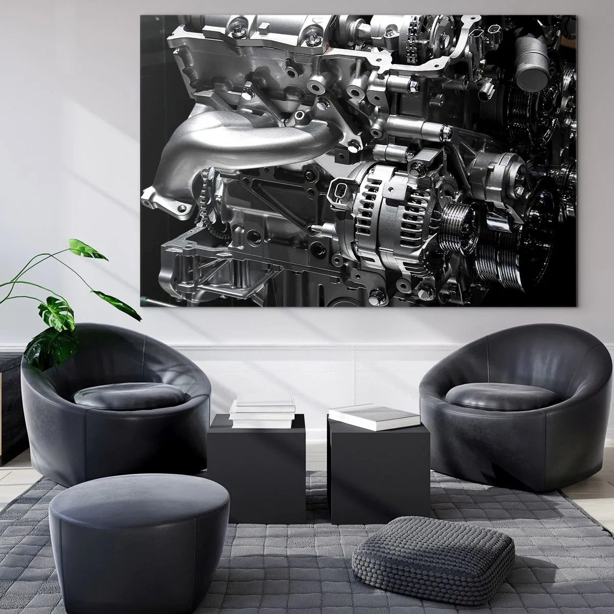 Obraz na skle - Detaily kovového motoru na černém pozadí - 70x50cm - Kovový, krásný, silný - Moderní nástěnná dekorace do obývacího pokoje a ložnice ARTTOR