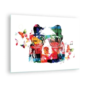 Obraz na skle - Barevný medvěd s brýlemi ve stylu pop art s hudebním tématem - 70x50cm - Líbí se mi! - Moderní nástěnná dekorace do obývacího pokoje a ložnice ARTTOR