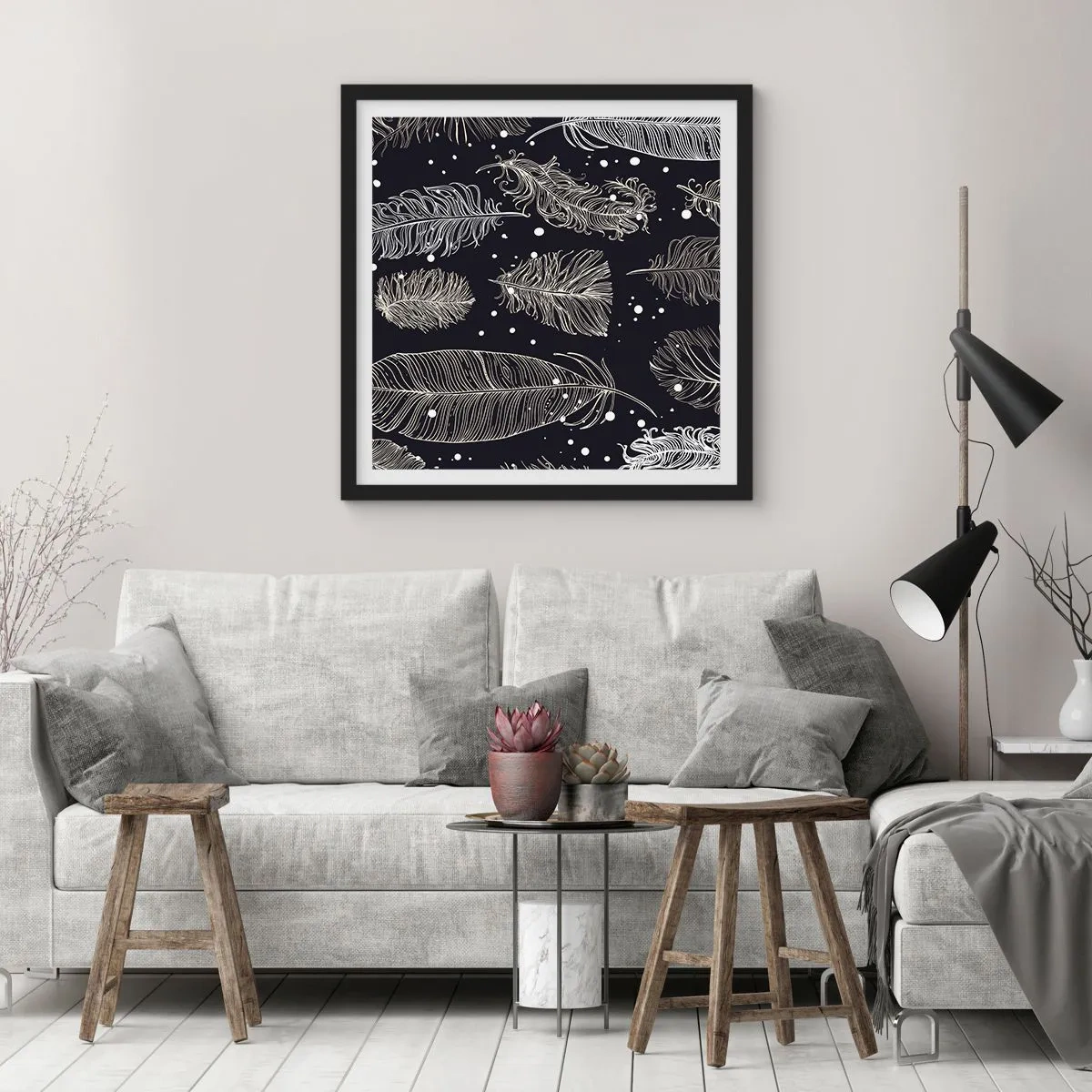 Plakát v černém rámu - Krajka s peřím - 30x30 cm