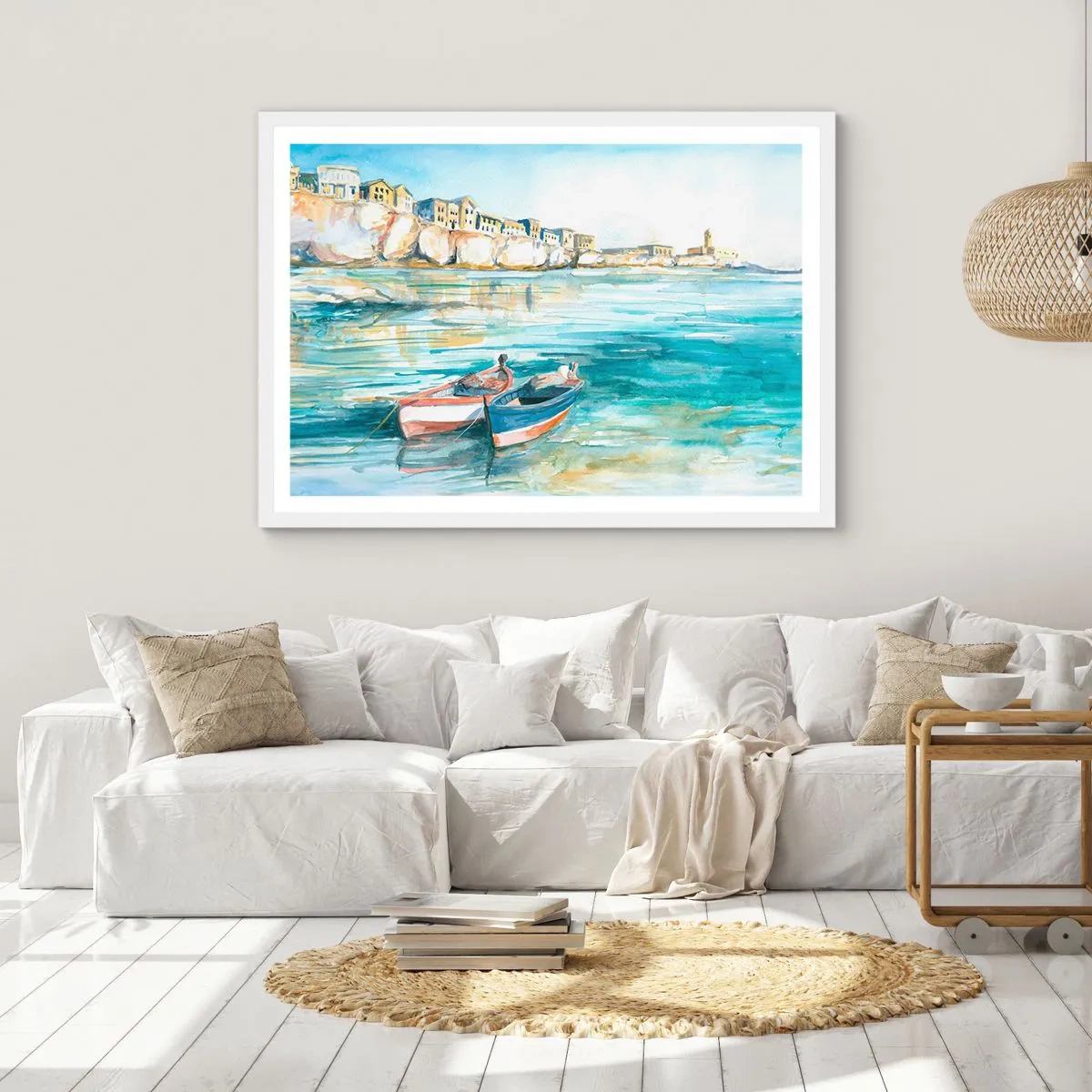 Plakát v bílém rámu - Krajina v modří - 70x50 cm