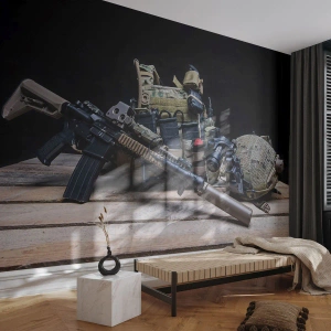 Fototapeta Standard Eco - Taktické bojové vybavení s puškou a helmou - 100x70cm - Pohov! - Moderní nástěnná dekorace do obývacího pokoje a ložnice ARTTOR