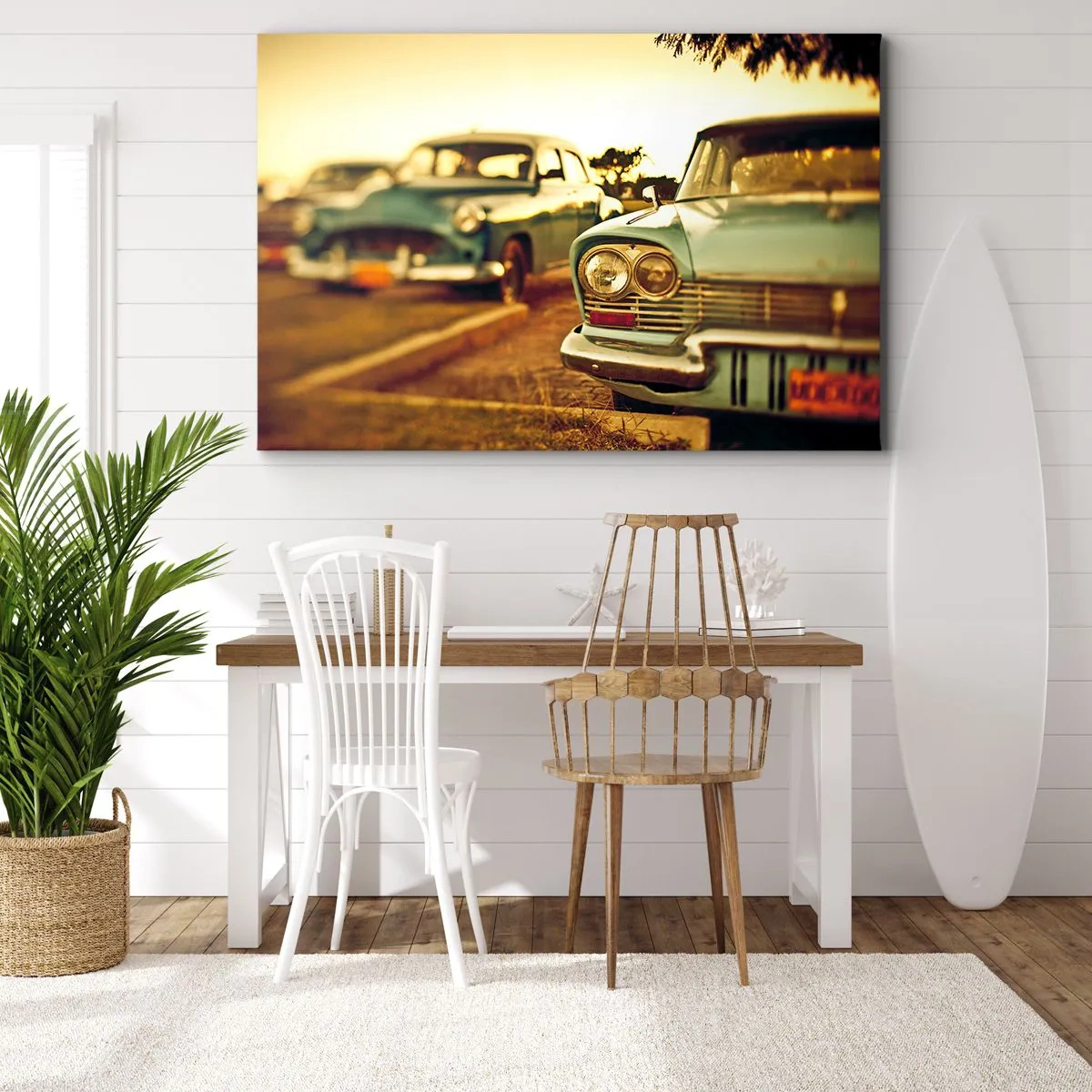 Obraz na plátně - Klasická auta v teplém světle západu slunce - 70x50cm - Počkáme, uvidíme - Moderní nástěnná dekorace do obývacího pokoje a ložnice ARTTOR