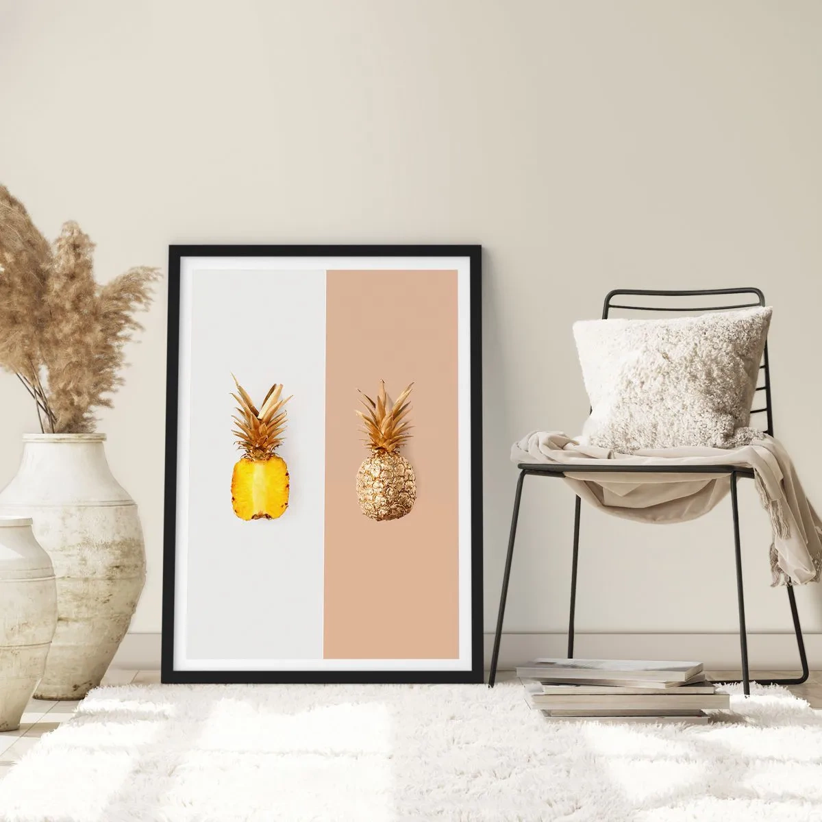 Plakát v černém rámu - Minimalistická kompozice dvou ananasů - 50x70cm - Ananas pro nás - Moderní nástěnná dekorace do obývacího pokoje a ložnice ARTTOR