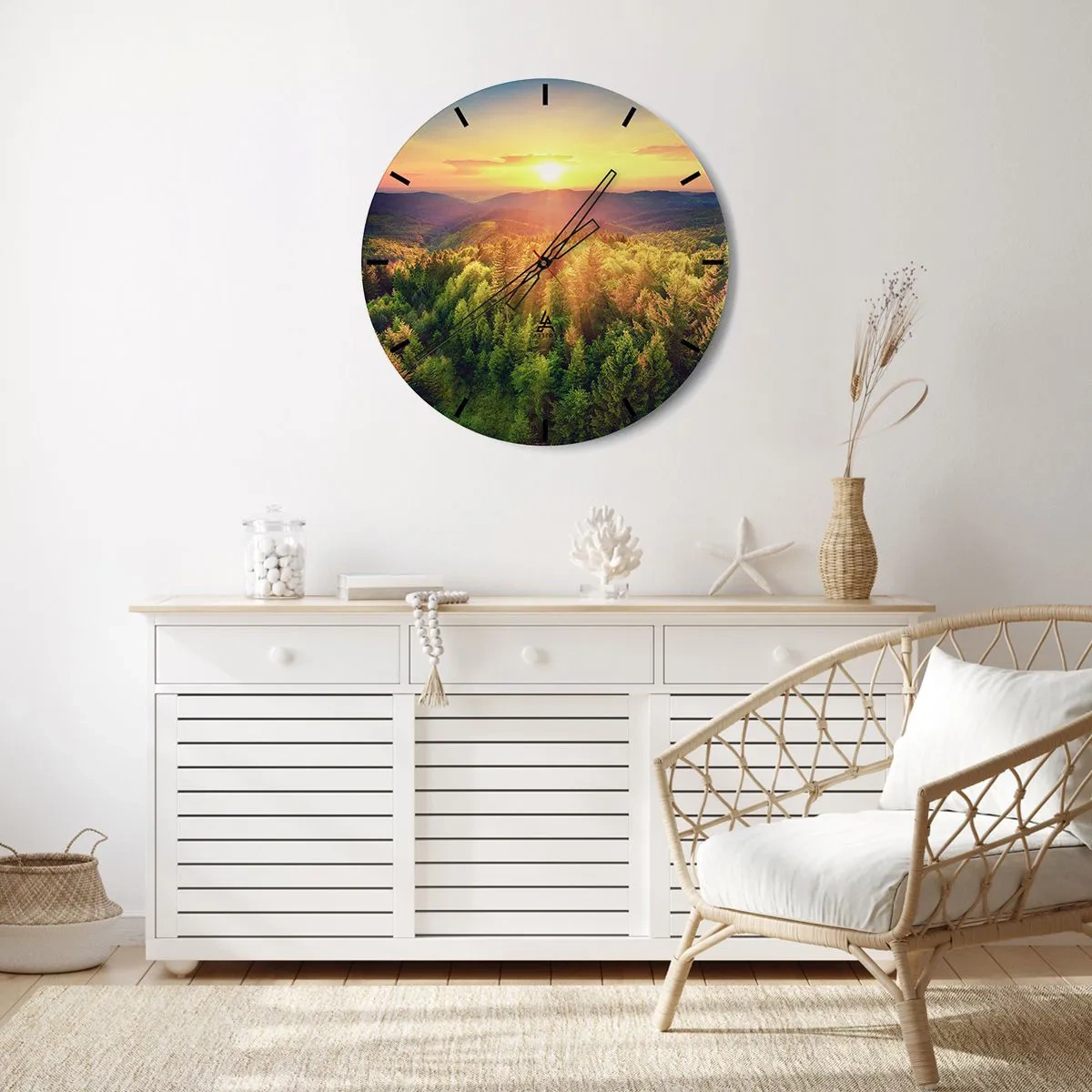 Nástěnné hodiny - Horská krajina se zapadajícím sluncem a lesy - 30x30cm - Vrcholky a vrcholy - Moderní nástěnná dekorace do obývacího pokoje, kuchyně a ložnice ARTTOR