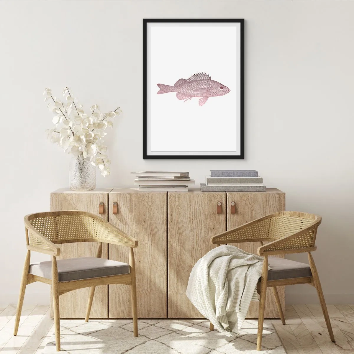 Plakát v černém rámu - Rybí grafika na bílém pozadí v minimalistickém stylu - 50x70cm - Ryba s velkýma očima - Moderní nástěnná dekorace do obývacího pokoje a ložnice ARTTOR