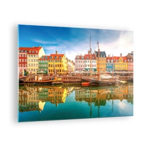 Obraz na skle - Barevné domy na kanálu s odrazy ve vodě - 70x50cm - U vody hladké jako zrcadlo - Moderní nástěnná dekorace do obývacího pokoje a ložnice ARTTOR