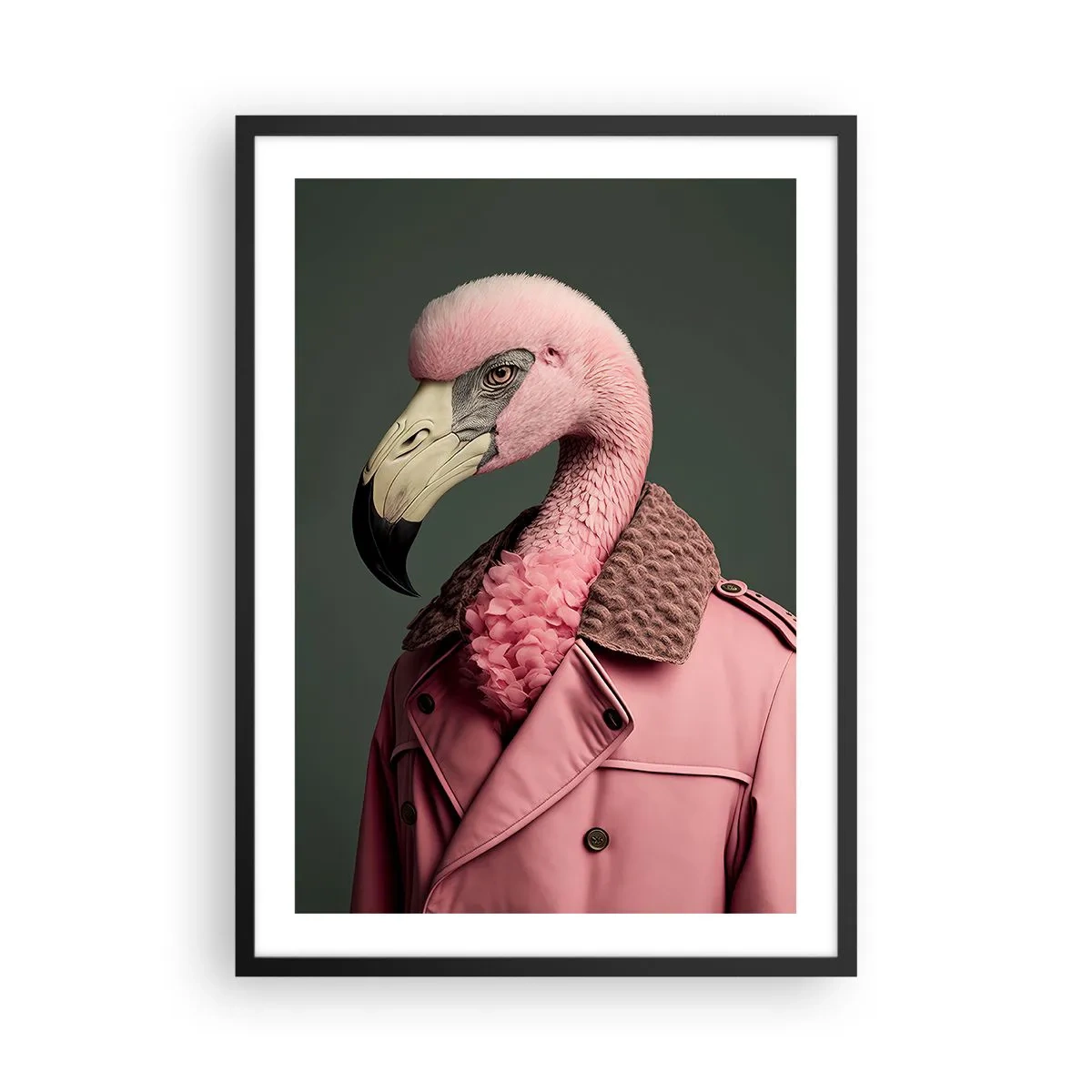Plakát v černém rámu - Stylový plameňák v elegantním kabátě - 50x70cm - Skutečný elegán - Moderní nástěnná dekorace do obývacího pokoje a ložnice ARTTOR
