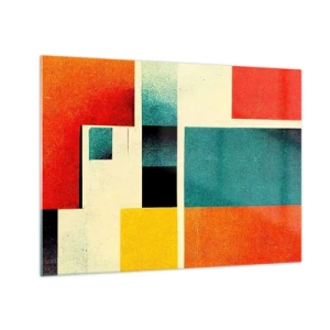 Obraz na skle - Barevné geometrické obdélníky v retro stylu - 70x50cm - Geometrická abstrakce – dobrá energie - Moderní nástěnná dekorace do obývacího pokoje a ložnice ARTTOR