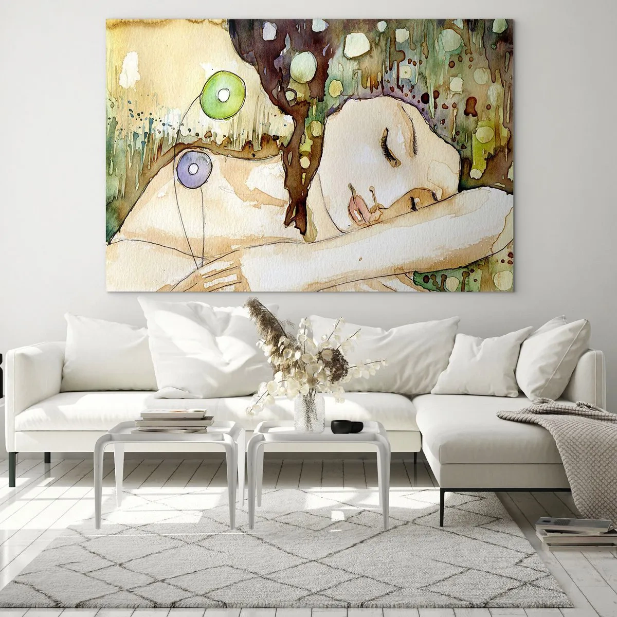 Obraz na skle - Spící žena v umělecké akvarelové malbě v teplých barvách. - 70x50cm - Smaragdově-fialový sen - Moderní nástěnná dekorace do obývacího pokoje a ložnice ARTTOR