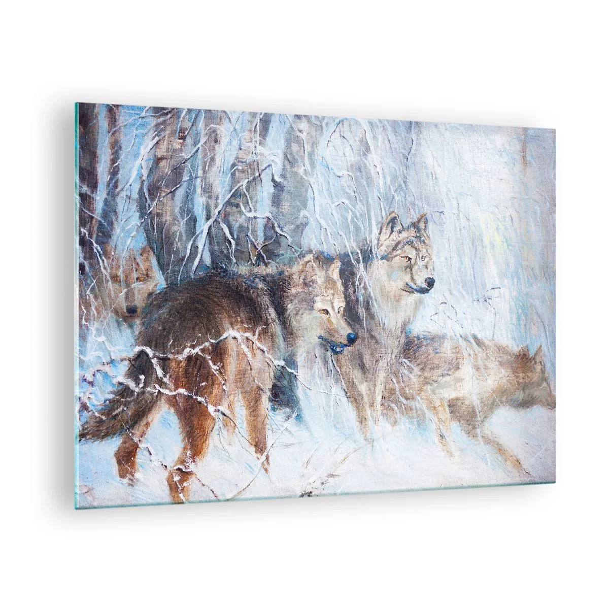 Obraz na skle - Tři vlci v zimním lese obklopeném sněhem - 70x50cm - Pozor! Přichází… - Moderní nástěnná dekorace do obývacího pokoje a ložnice ARTTOR