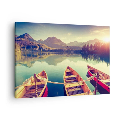 Obraz na plátně - Lodě na klidném jezeře obklopeném horami při západu slunce - 70x50cm - Žít podle jejich zákonů - Moderní nástěnná dekorace do obývacího pokoje a ložnice ARTTOR