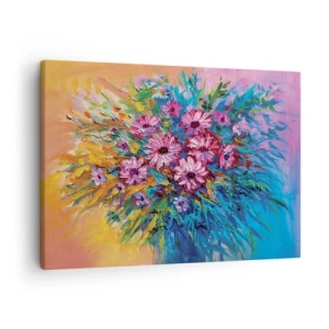 Obraz na plátně - Barevné květiny v kytici na pastelově zbarveném pozadí - 70x50cm - Energie života - Moderní nástěnná dekorace do obývacího pokoje a ložnice ARTTOR