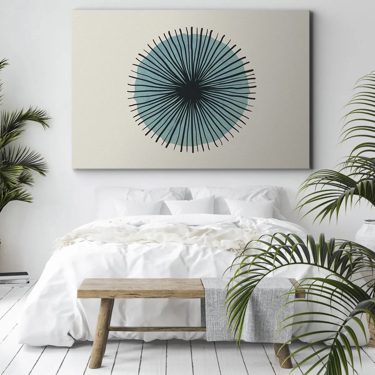 Obraz na plátně - Abstraktní kruhový tvar s modrými paprsky - 70x50cm - Zářící modrá - Moderní nástěnná dekorace do obývacího pokoje a ložnice ARTTOR