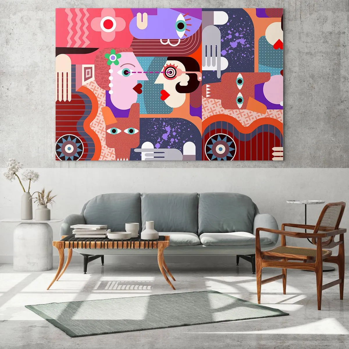 Obraz na skle - Abstraktní kompozice tváří a tvarů v intenzivních barvách. - 70x50cm - Tváří v tvář - Moderní nástěnná dekorace do obývacího pokoje a ložnice ARTTOR