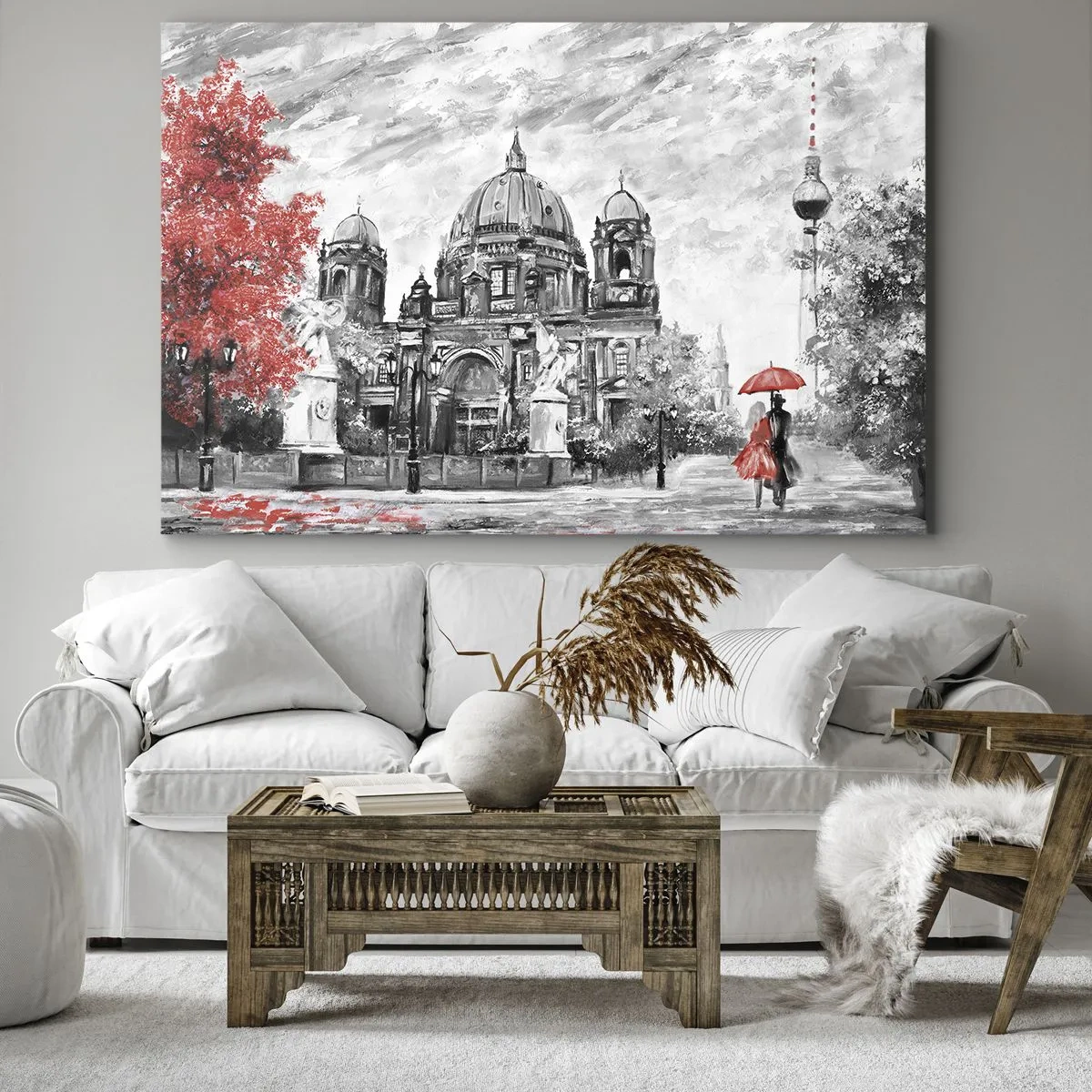 Obraz na plátně - Černobílá scéna s Berlínem, červeným deštníkem a stromem - 70x50cm - Berlínské setkání - Moderní nástěnná dekorace do obývacího pokoje a ložnice ARTTOR