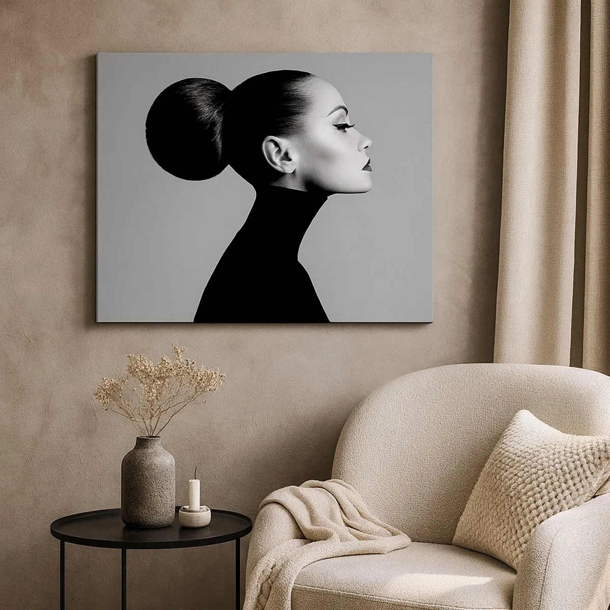 Obraz na plátně - Profil ženy v černé a bílé s elegantním drdolem - 70x50cm - Moderní Nefertiti - Moderní nástěnná dekorace do obývacího pokoje a ložnice ARTTOR