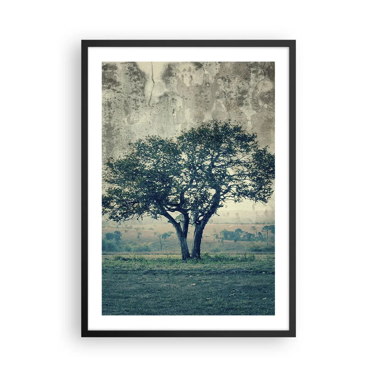 Plakát v černém rámu - Osamělý strom v rustikální krajině - 50x70cm - Jabloň na modrém poli? - Moderní nástěnná dekorace do obývacího pokoje a ložnice ARTTOR