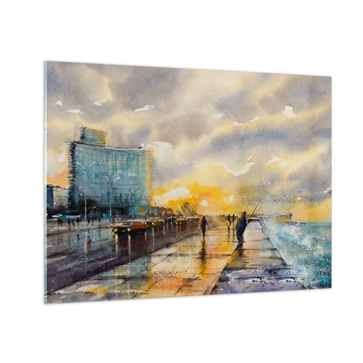Obraz na skle - Akvarel přímořské město se západem slunce - 70x50cm - Život na pobřeží - Moderní nástěnná dekorace do obývacího pokoje a ložnice ARTTOR