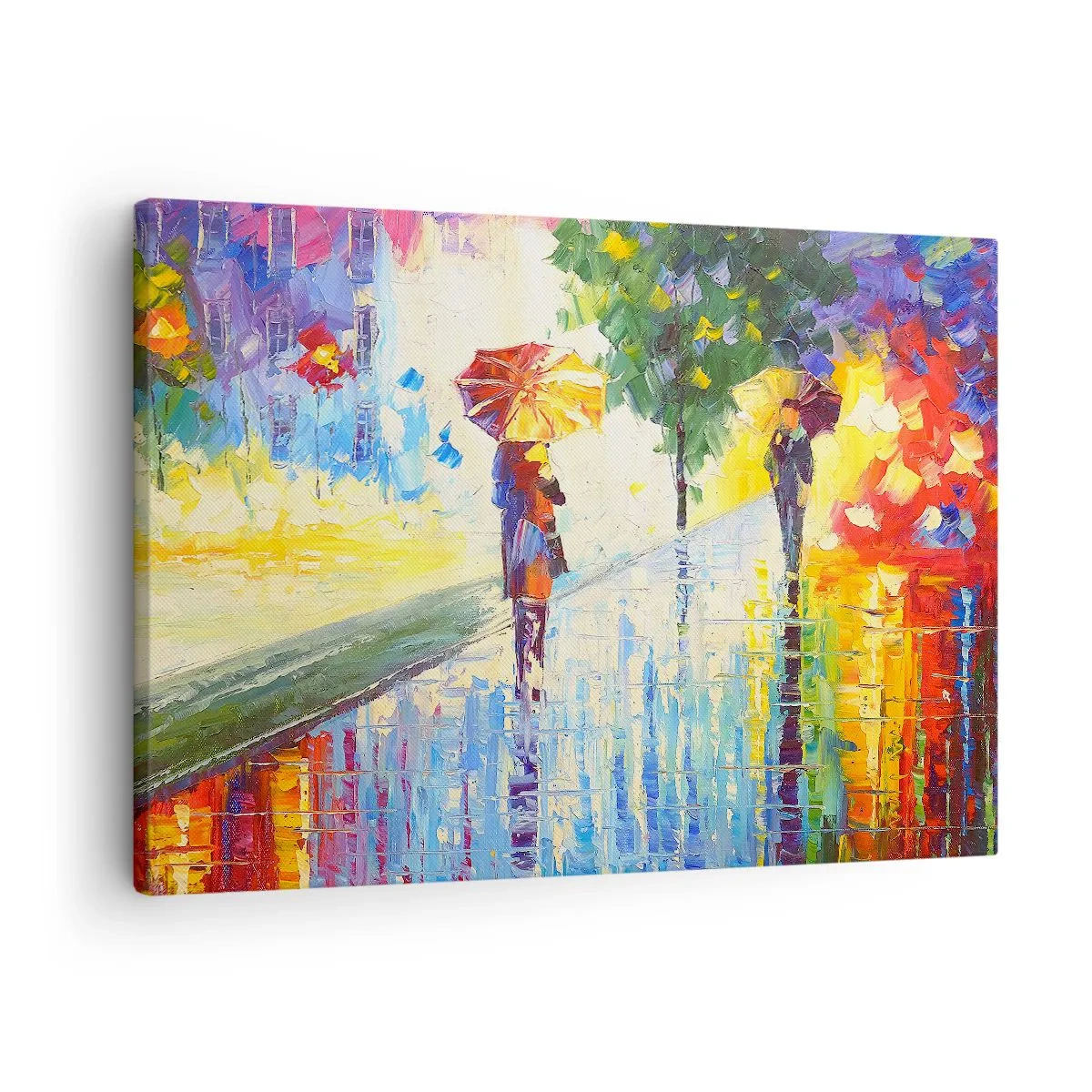 Obraz na plátně - Procházka s deštníkem v barevné deštivé krajině - 70x50cm - A všechno je jasné - Moderní nástěnná dekorace do obývacího pokoje a ložnice ARTTOR