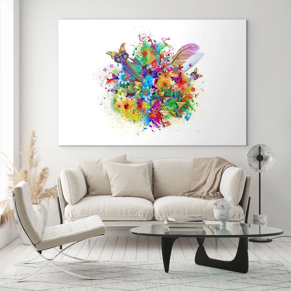 Obraz na skle - Barevná abstrakce s motýly, květinami a peřím na bílém pozadí - 70x50cm - Kytice radosti - Moderní nástěnná dekorace do obývacího pokoje a ložnice ARTTOR