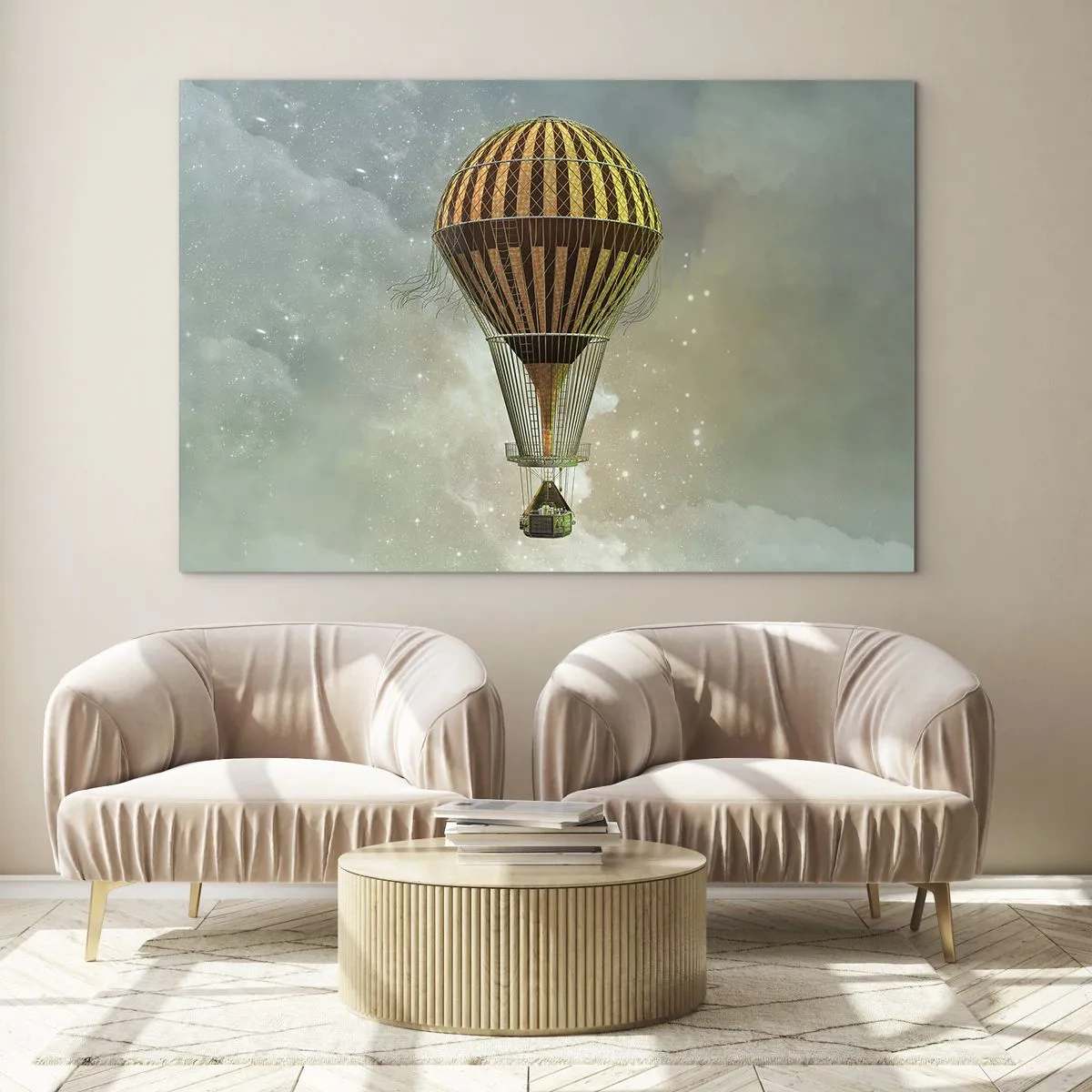 Obraz na skle - Stylizovaný balón na pozadí hvězdné oblohy a mraků. - 70x50cm - Průkopnické lety - Moderní nástěnná dekorace do obývacího pokoje a ložnice ARTTOR