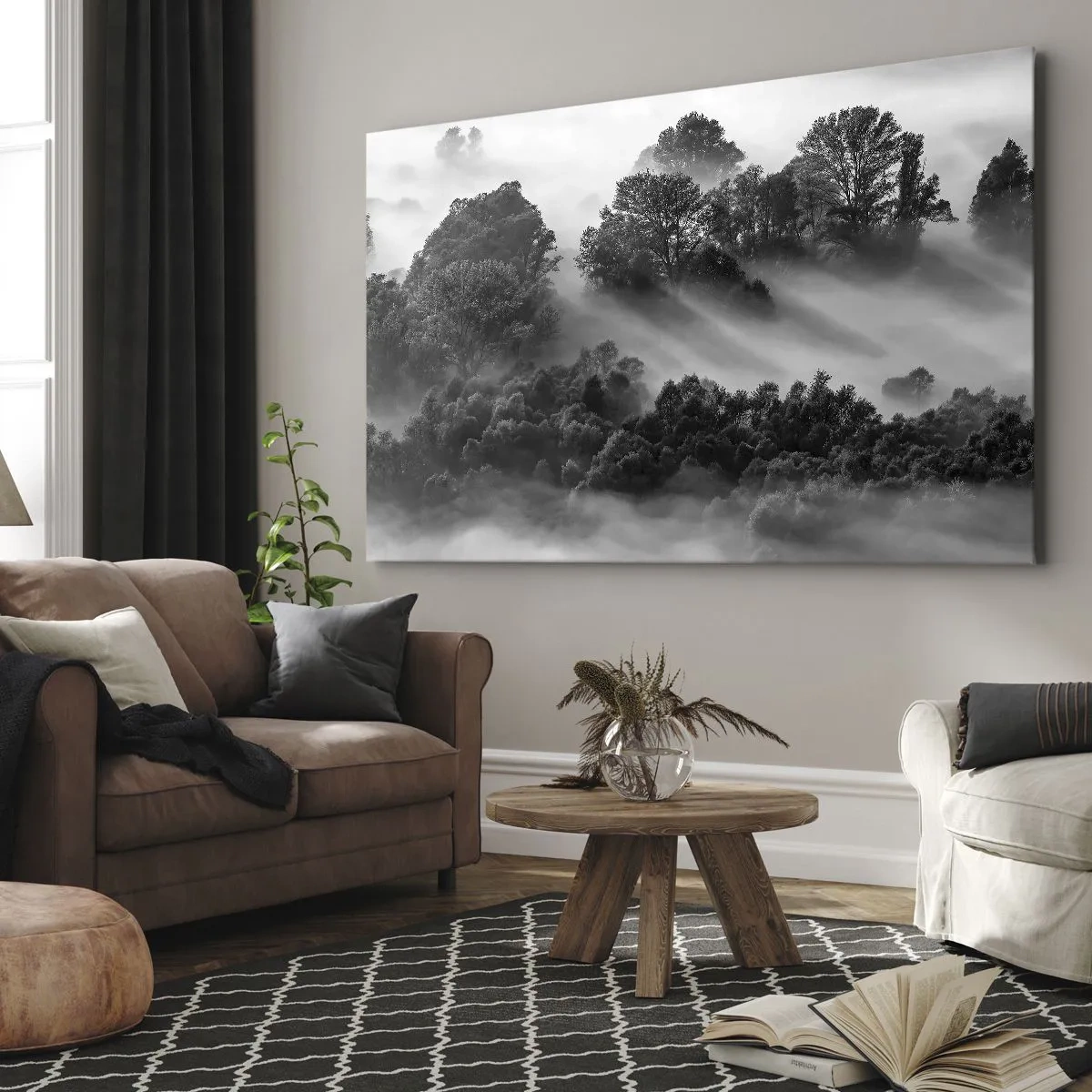 Obraz na plátně - Černá a bílá lesní krajina v ranní mlze - 70x50cm - Probouzení ze spánku - Moderní nástěnná dekorace do obývacího pokoje a ložnice ARTTOR