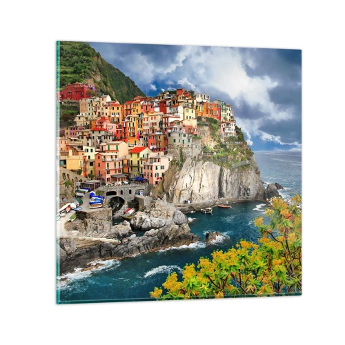 Obraz na skle - Hromádka přitulená ke skalám - 70x70 cm