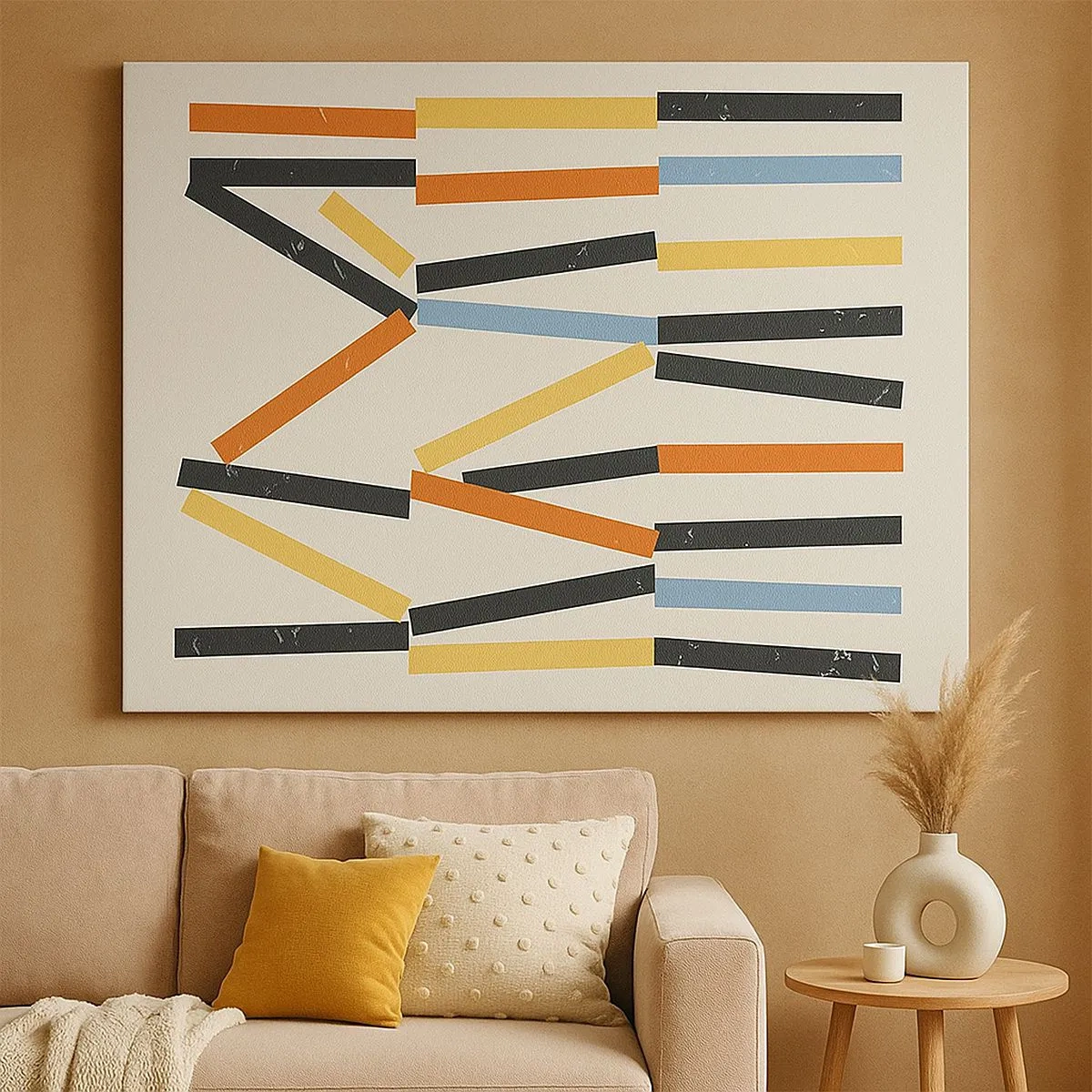 Obraz na plátně - Abstraktní kompozice s barevnými a černými obdélníky v horizontálním uspořádání - 70x50cm - Kompozice na úrovni - Moderní nástěnná dekorace do obývacího pokoje a ložnice ARTTOR