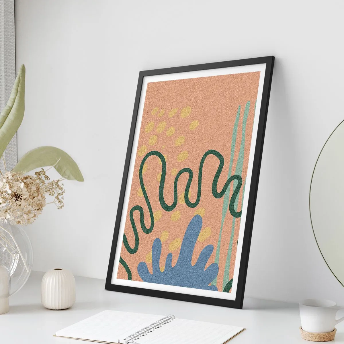 Plakát v černém rámu - Abstraktní kompozice v teplých barvách - 50x70cm - Abstrakce: rozmanitost přírody - Moderní nástěnná dekorace do obývacího pokoje a ložnice ARTTOR