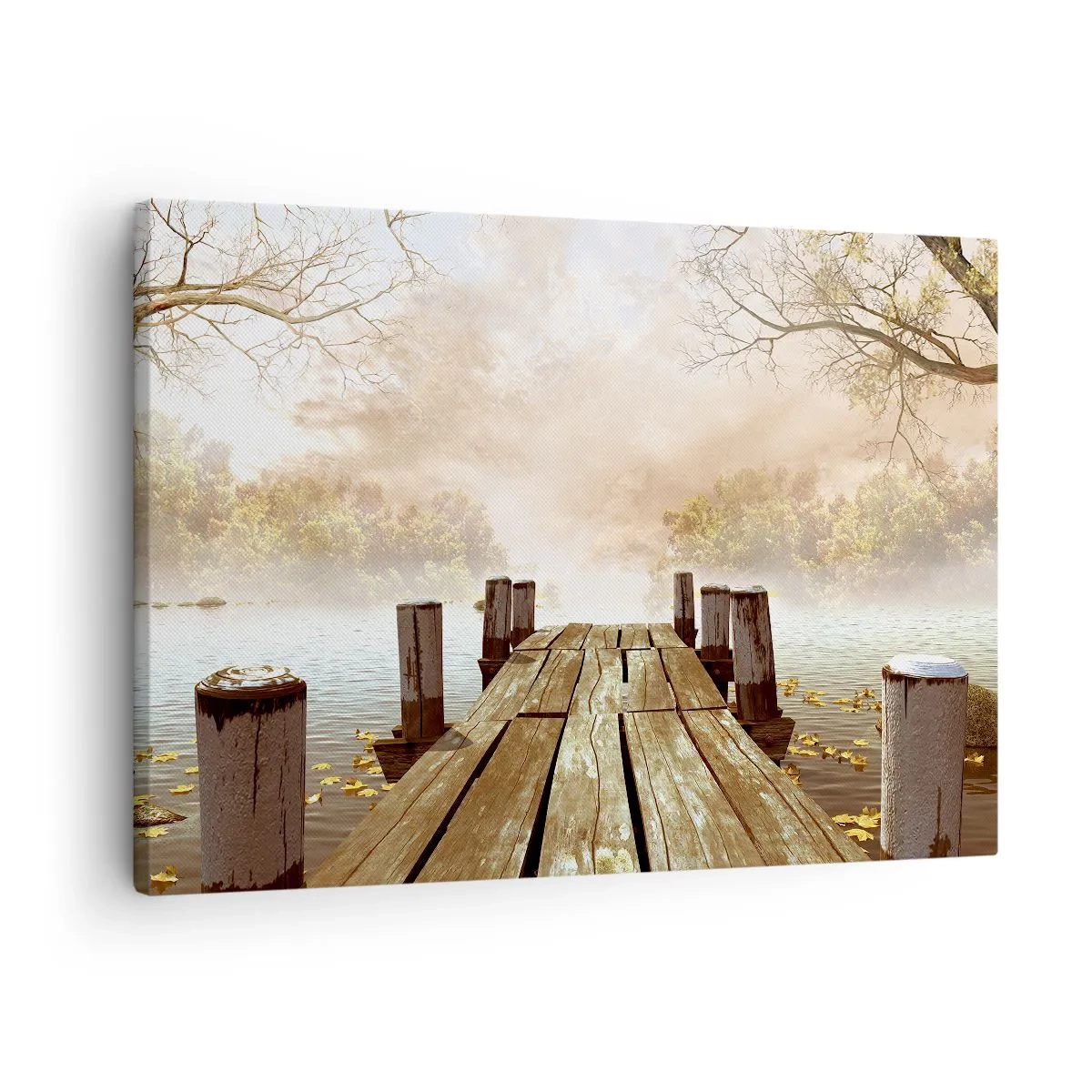 Obraz na plátně - Dřevěné molo vedoucí k klidnému jezeru v ranní mlze - 70x50cm - Jemný smutek podzimu - Moderní nástěnná dekorace do obývacího pokoje a ložnice ARTTOR