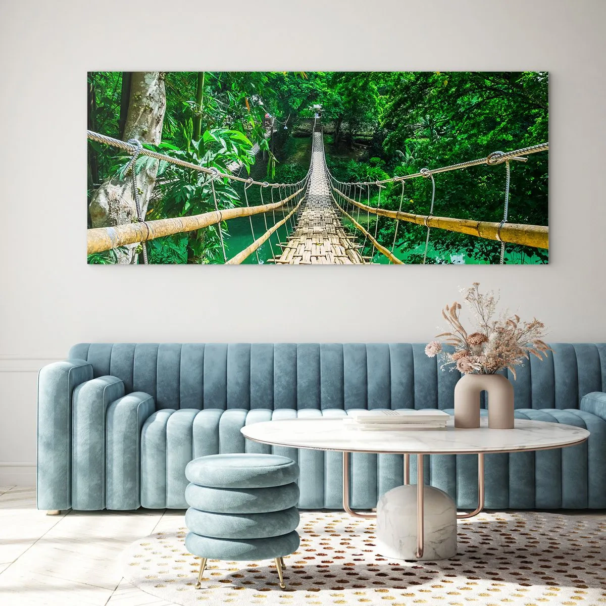 Obraz na skle - Opičí most nad zelení - 100x40 cm