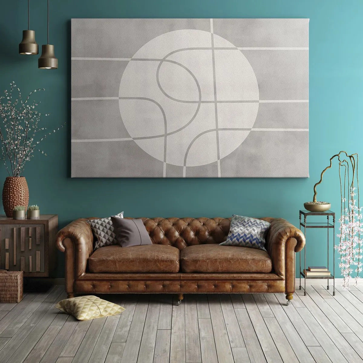 Obraz na plátně - Geometrický vzor v odstínech šedé a bílé - 70x50cm - Kruhově a přímo - Moderní nástěnná dekorace do obývacího pokoje a ložnice ARTTOR