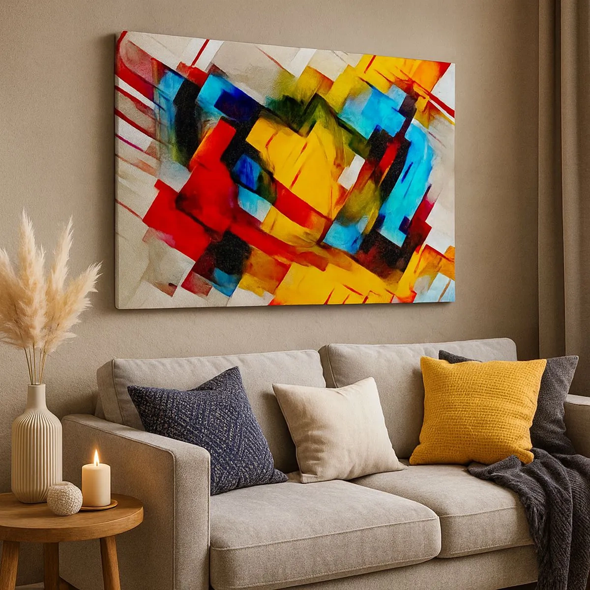 Obraz na plátně - Abstraktní geometrické kompozice v živých barvách - 70x50cm - Vícebarevné vrstvy - Moderní nástěnná dekorace do obývacího pokoje a ložnice ARTTOR