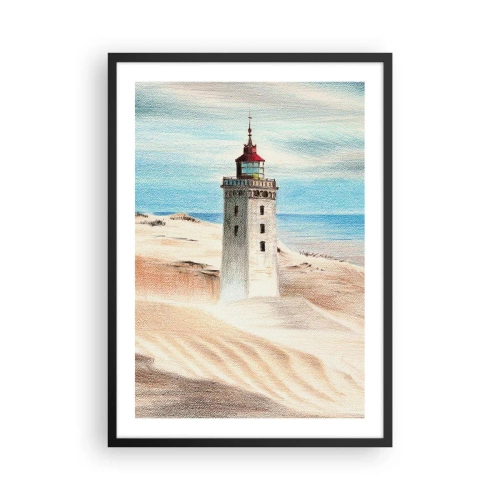 Plakát v černém rámu - Maják na pozadí písečných dun a modré oblohy - 50x70cm - Vždy hledí na moře - Moderní nástěnná dekorace do obývacího pokoje a ložnice ARTTOR
