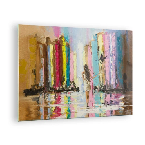 Obraz na skle - Žena s ptákem v pozadí barevných budov - 70x50cm - Pojď se mnou - Moderní nástěnná dekorace do obývacího pokoje a ložnice ARTTOR