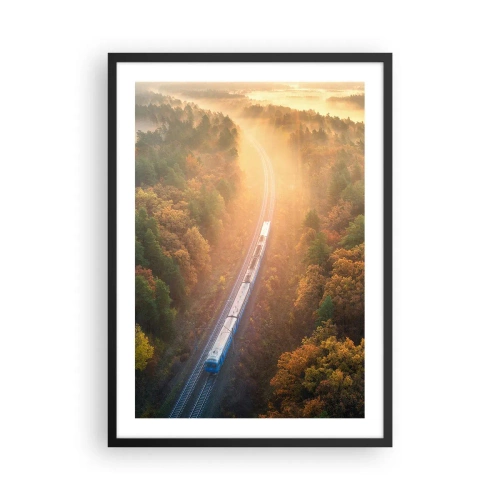Plakát v černém rámu - Vlak jedoucí podzimním lesem v paprscích vycházejícího slunce - 50x70cm - Podzimní cesta - Moderní nástěnná dekorace do obývacího pokoje a ložnice ARTTOR