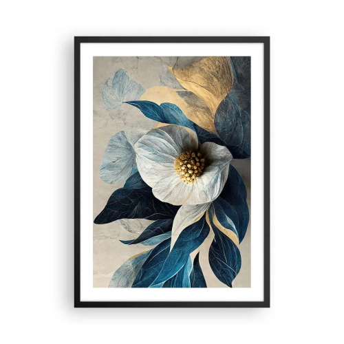 Plakát v černém rámu - Elegantní květina v odstínech tmavě modré a zlaté - 50x70cm - Zlaté srdce - Moderní nástěnná dekorace do obývacího pokoje a ložnice ARTTOR