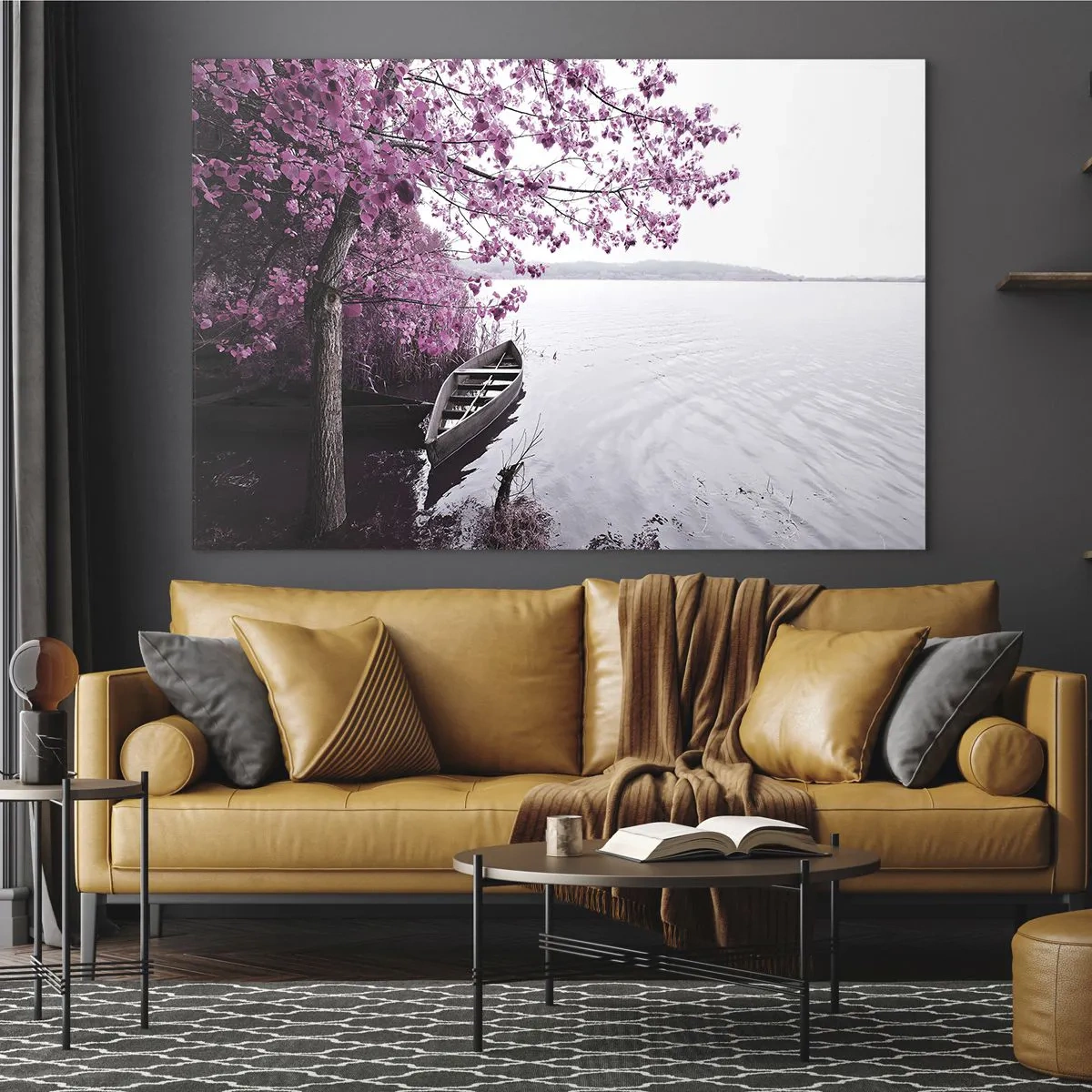 Obraz na skle - Loď u břehu s růžovým stromem nad vodou - 70x50cm - V růžovém tichu - Moderní nástěnná dekorace do obývacího pokoje a ložnice ARTTOR