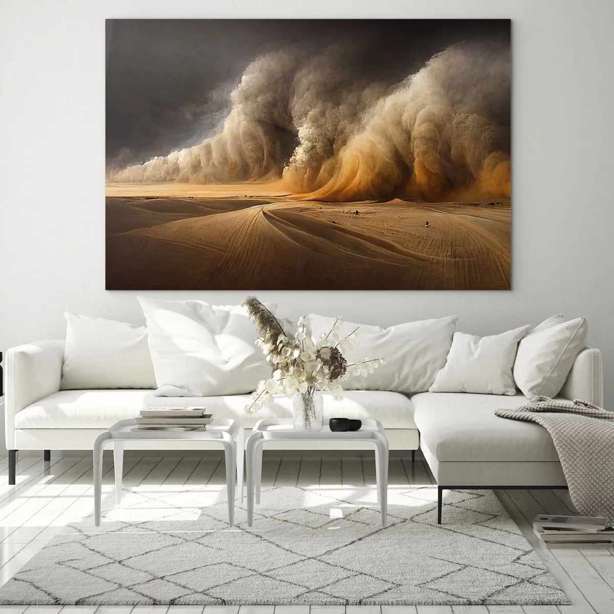 Obraz na skle - Písečná bouře nad pouští v dramatickém světle - 70x50cm - Hněv pouště - Moderní nástěnná dekorace do obývacího pokoje a ložnice ARTTOR