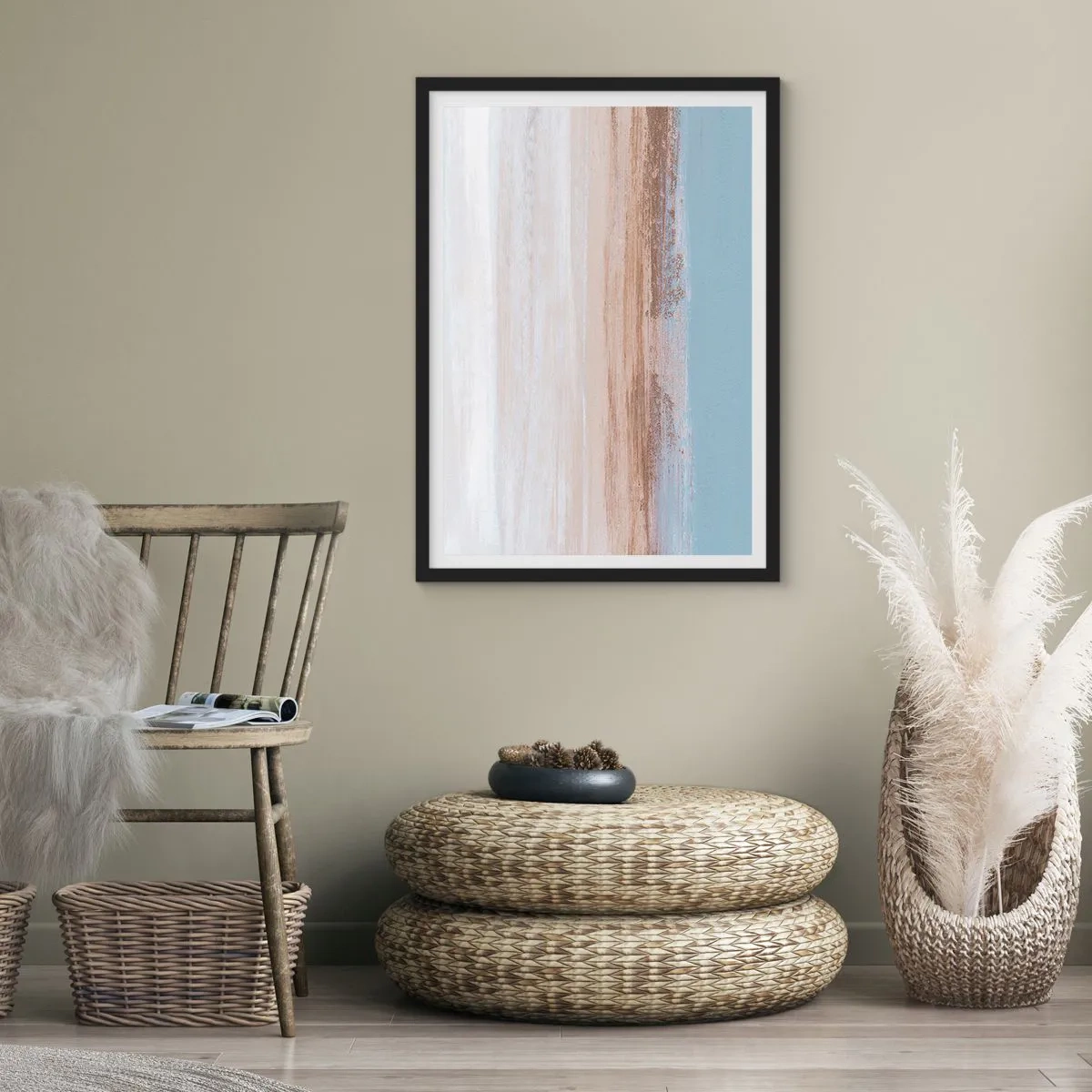 Plakát v černém rámu - Minimalistická abstrakce v barvách pláže a moře - 50x70cm - Dvojznačná krajina - Moderní nástěnná dekorace do obývacího pokoje a ložnice ARTTOR