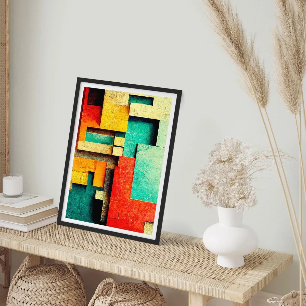 Plakát v černém rámu - Geometrická abstrakce v živých barvách - 50x70cm - Festival pravých úhlů - Moderní nástěnná dekorace do obývacího pokoje a ložnice ARTTOR