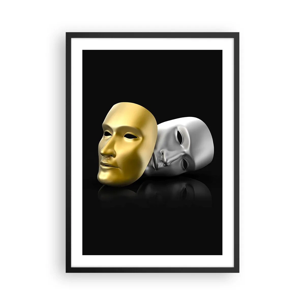 Plakát v černém rámu - Zlatá a stříbrná maska na černém pozadí - 50x70cm - Život je divadlo - Moderní nástěnná dekorace do obývacího pokoje a ložnice ARTTOR