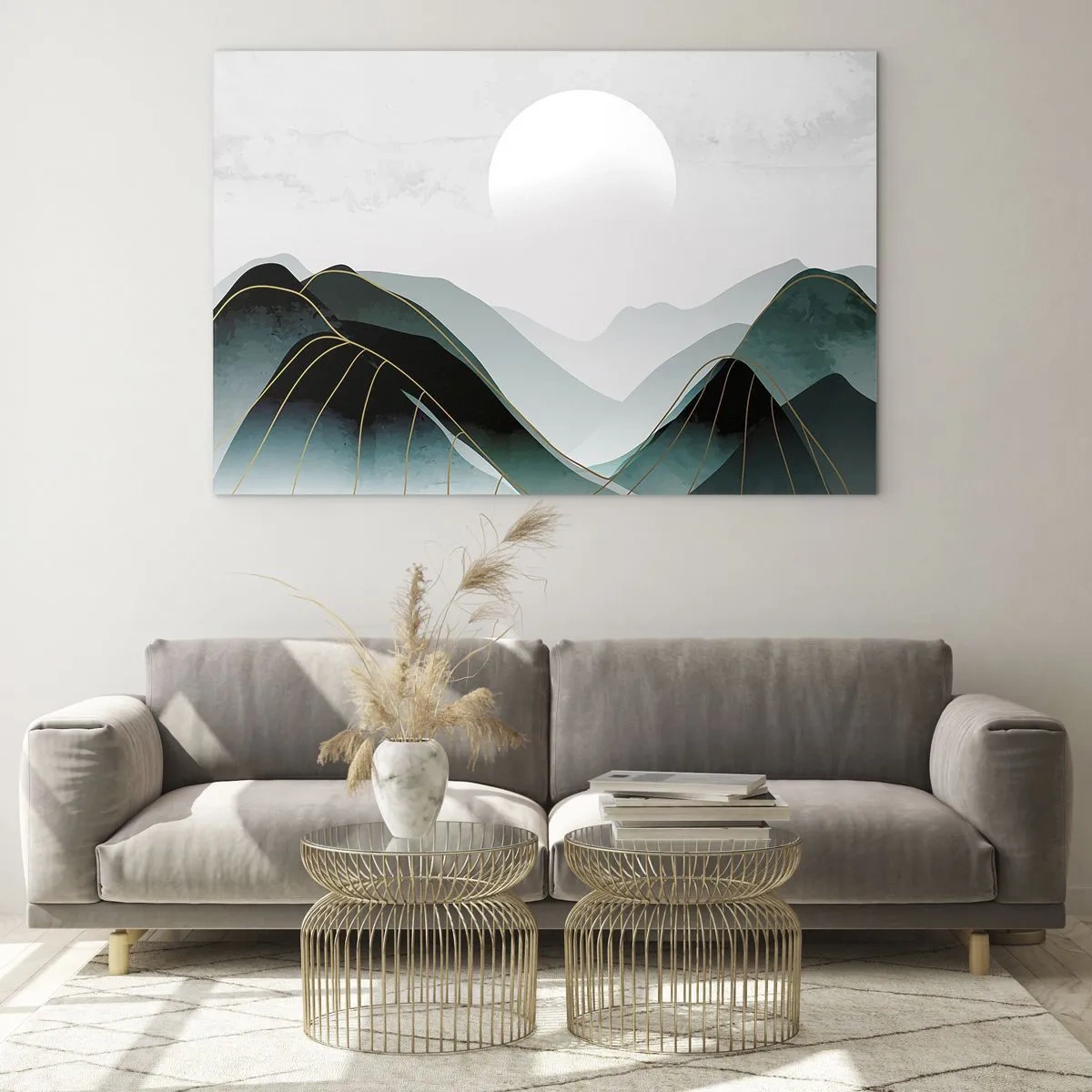Obraz na skle - Horská krajina s bílým sluncem a zlatými liniemi - 70x50cm - V plném majestátu - Moderní nástěnná dekorace do obývacího pokoje a ložnice ARTTOR