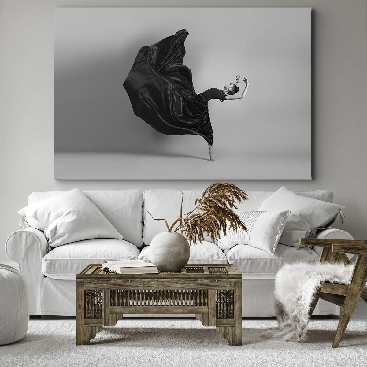 Obraz na plátně - Elegantní tanečnice v černých šatech v pohybu - 70x50cm - Okřídlený hudbou - Moderní nástěnná dekorace do obývacího pokoje a ložnice ARTTOR