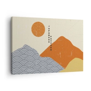 Obraz na plátně - Japonské vzory s horami, sluncem a minimalistickým stylem - 70x50cm - V japonském duchu - Moderní nástěnná dekorace do obývacího pokoje a ložnice ARTTOR